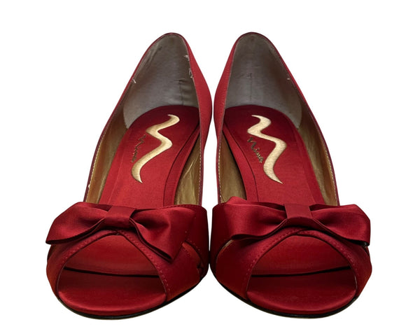 Nina Women’s Red Satin Bow Accent Leather Sole Open Toe Heels Size 8.5M