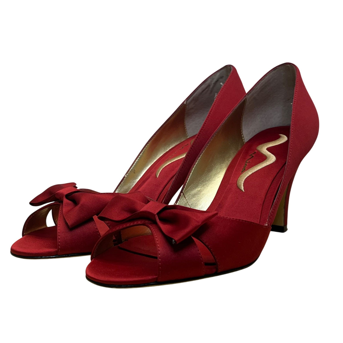 Nina Women’s Red Satin Bow Accent Leather Sole Open Toe Heels Size 8.5M