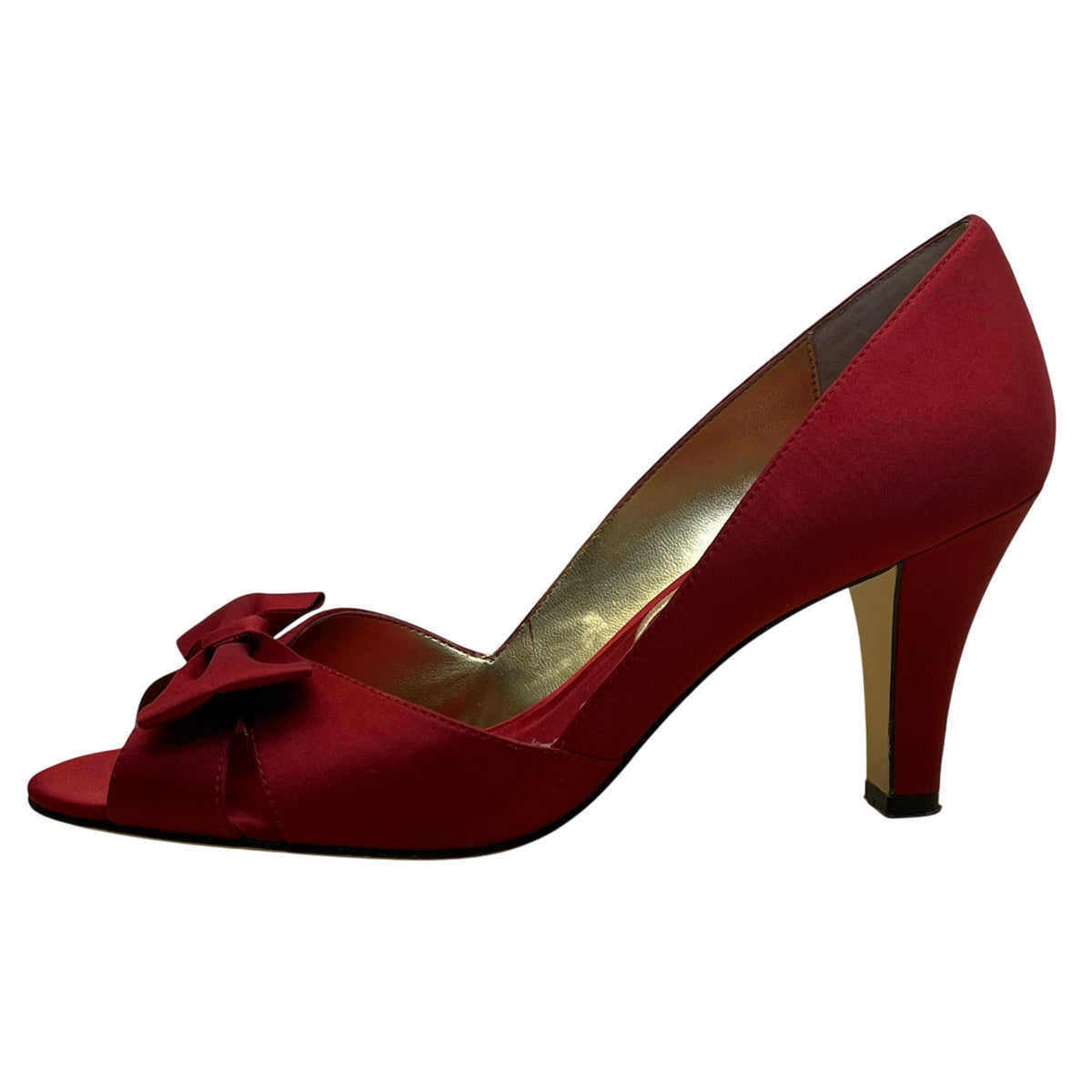 Nina Women’s Red Satin Bow Accent Leather Sole Open Toe Heels Size 8.5M