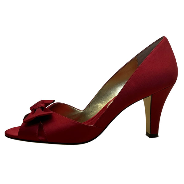 Nina Women’s Red Satin Bow Accent Leather Sole Open Toe Heels Size 8.5M