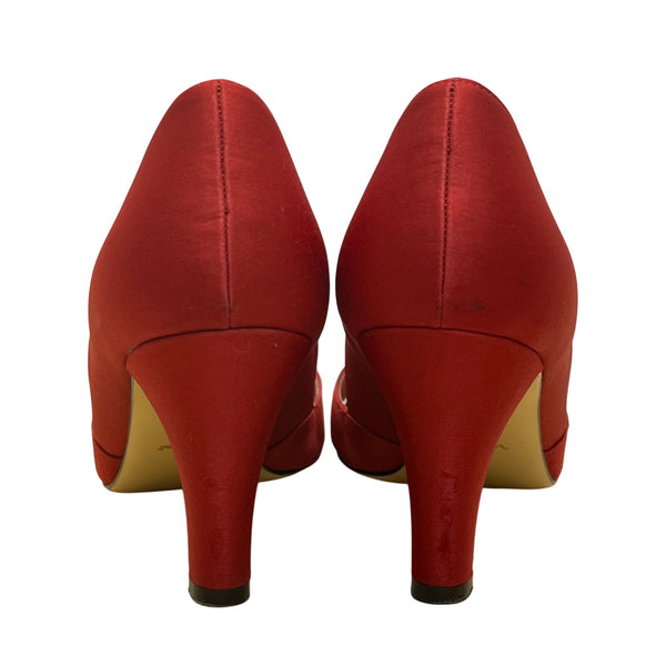 Nina Women’s Red Satin Bow Accent Leather Sole Open Toe Heels Size 8.5M