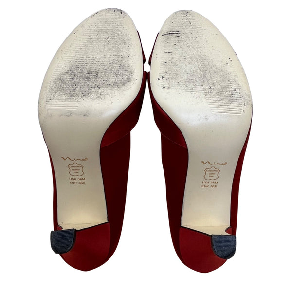 Nina Women’s Red Satin Bow Accent Leather Sole Open Toe Heels Size 8.5M
