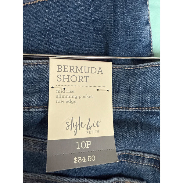 Style & Co Womens Blue Denim Bermuda Shorts Mid Rise Slimming Pockets Raw Edge 10P