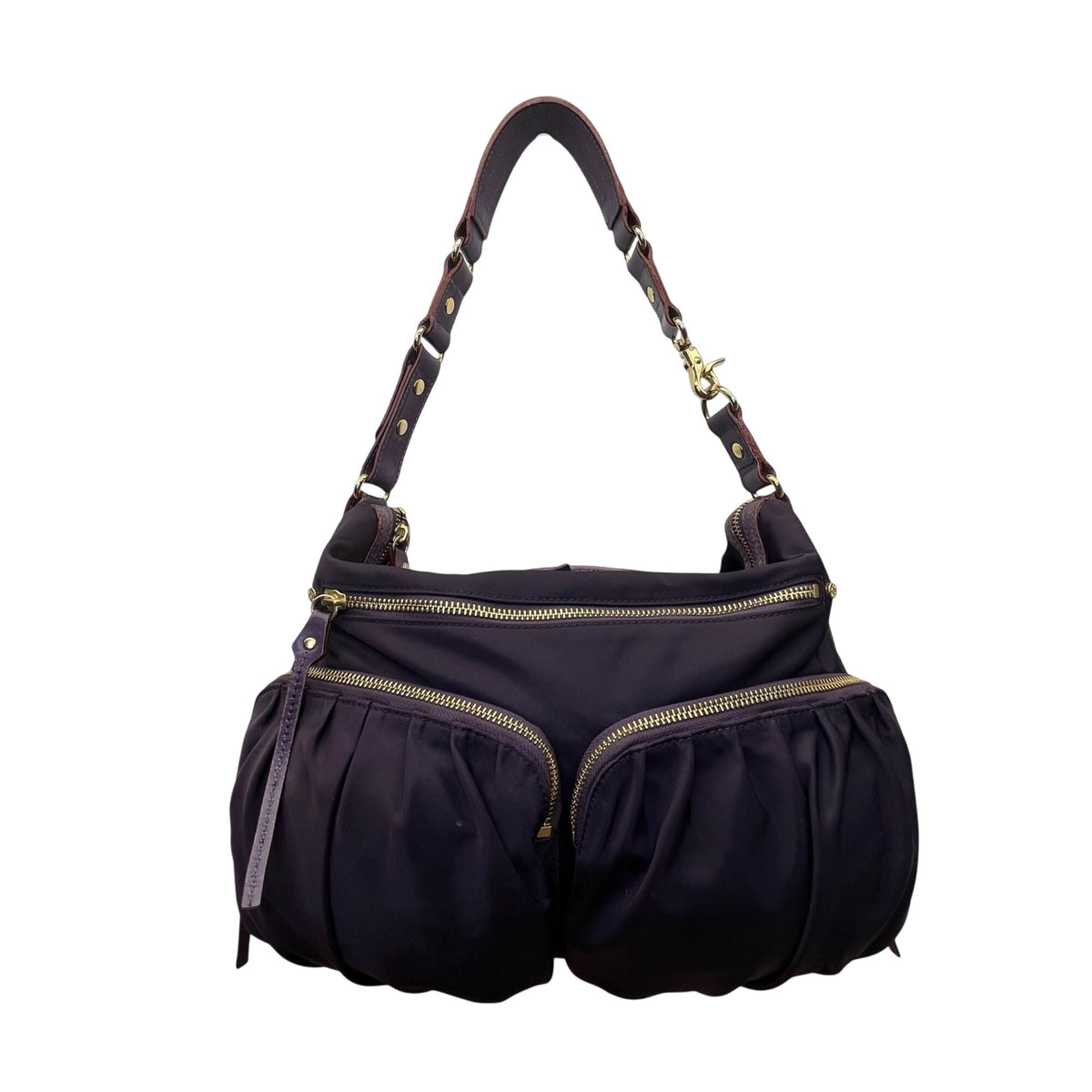 MZ Wallace Women’s Purple Nylon Gold-Tone Zipper Details Ruched Shoulder Bag
