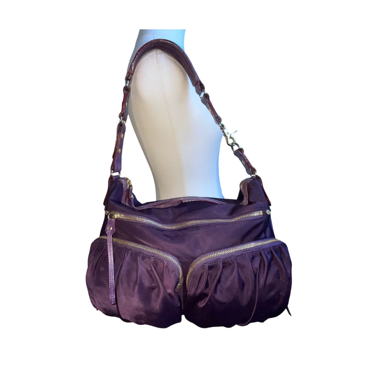 MZ Wallace Women’s Purple Nylon Gold-Tone Zipper Details Ruched Shoulder Bag