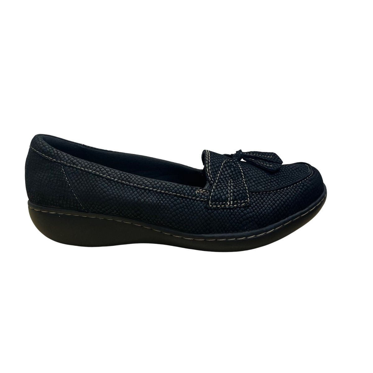 Clarks Black Scales Design Slip-On Bow Detail Cushion Soft Loafers Sz 9XW