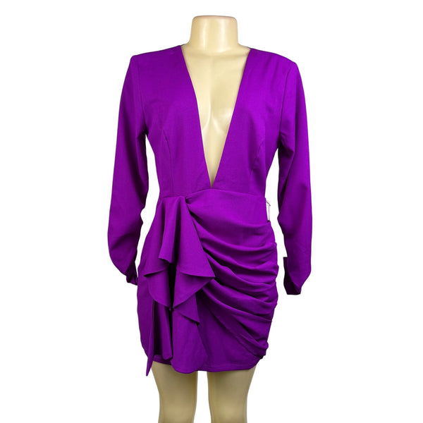 Luxxel Purple Polyester Plunge Neck Dress With Ruched Details & Open Back Sz L