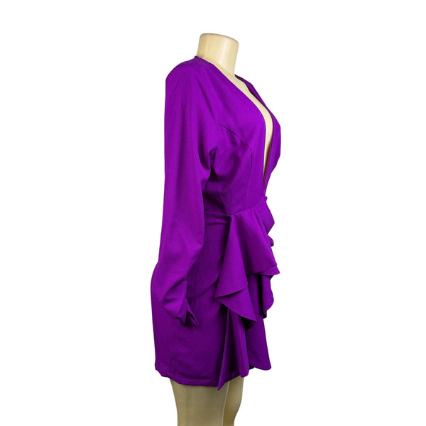 Luxxel Purple Polyester Plunge Neck Dress With Ruched Details & Open Back Sz L