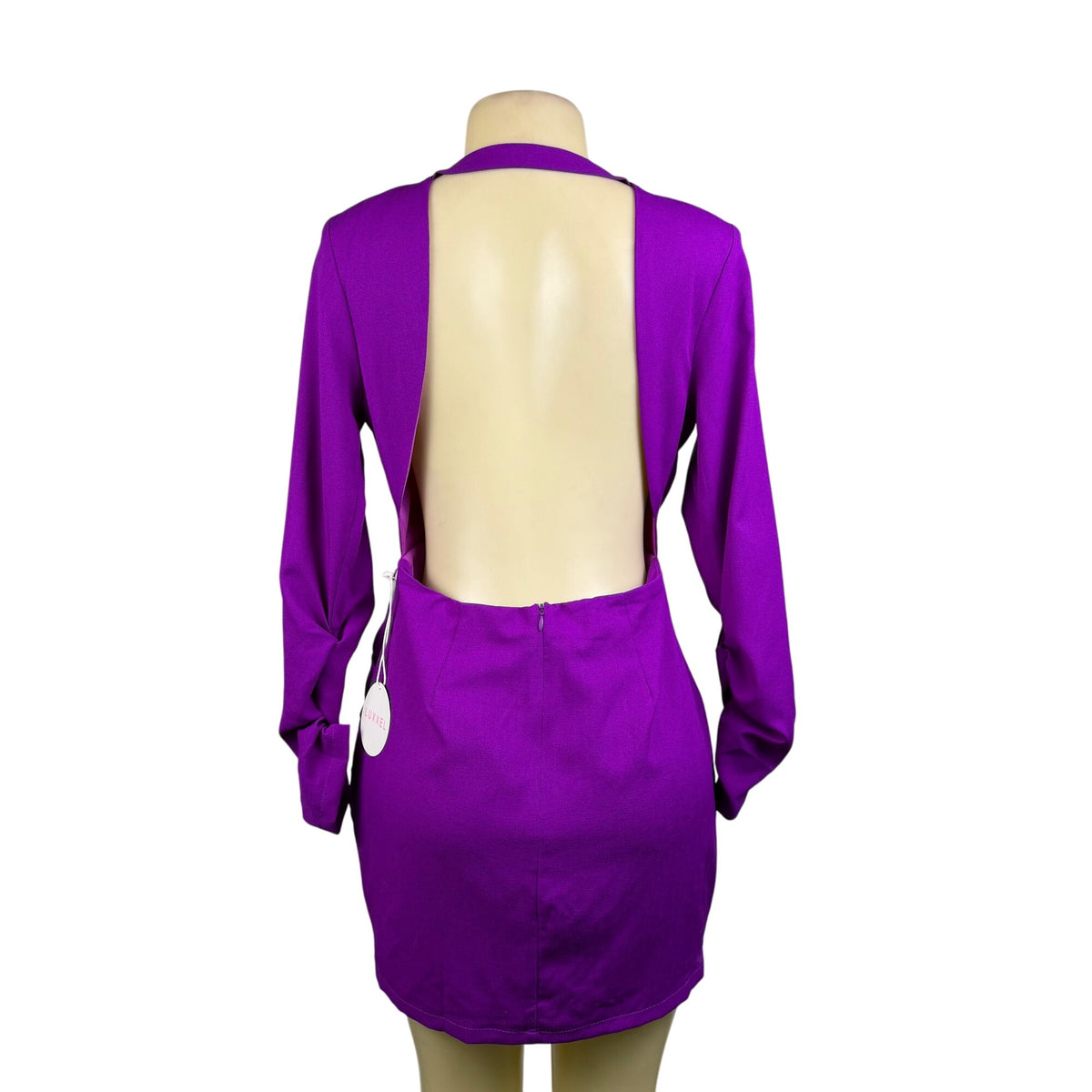 Luxxel Purple Polyester Plunge Neck Dress With Ruched Details & Open Back Sz L