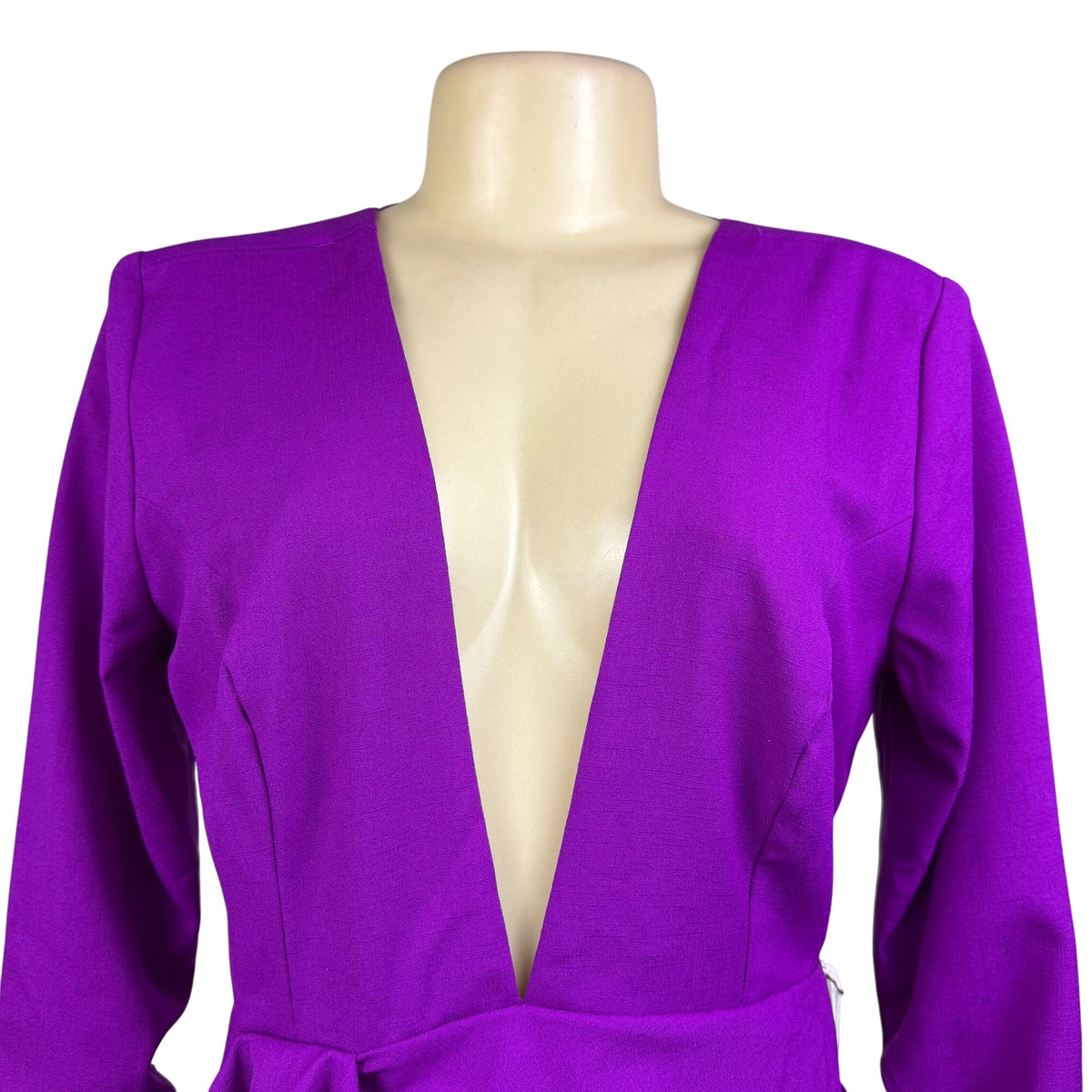 Luxxel Purple Polyester Plunge Neck Dress With Ruched Details & Open Back Sz L