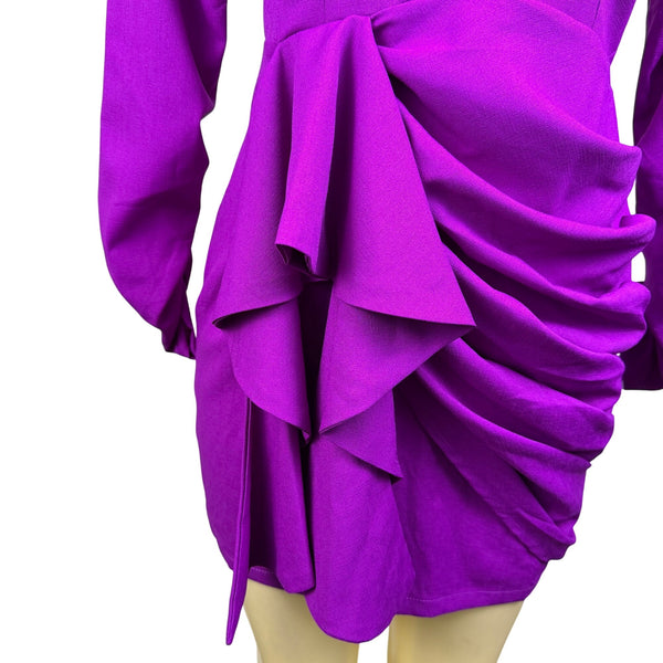 Luxxel Purple Polyester Plunge Neck Dress With Ruched Details & Open Back Sz L