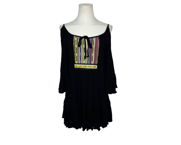Ivlu Jane Womens Black Off-Shoulder Tunic Dress With Multicolor Embroidery Sz XS