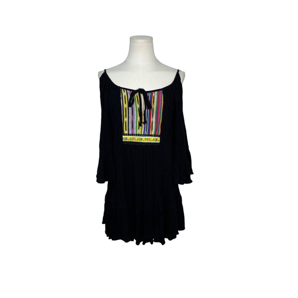 Ivlu Jane Womens Black Off-Shoulder Tunic Dress With Multicolor Embroidery Sz XS