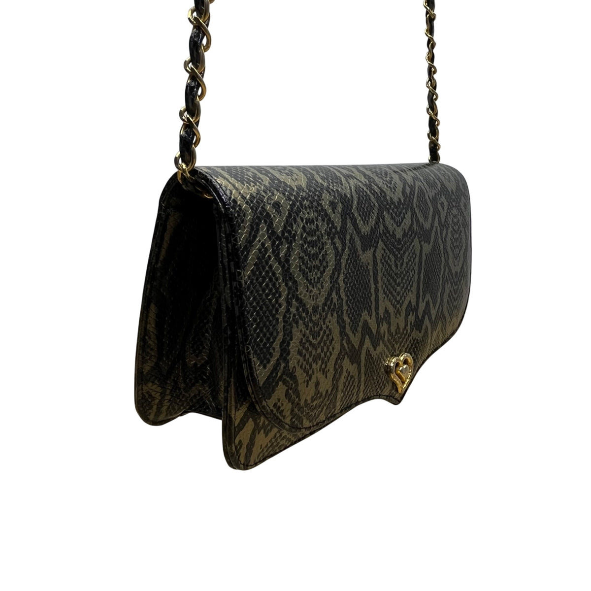 Lionhart Women’s Gold Snake Print Leather With Gold Heart Clasp Crossbody Bag