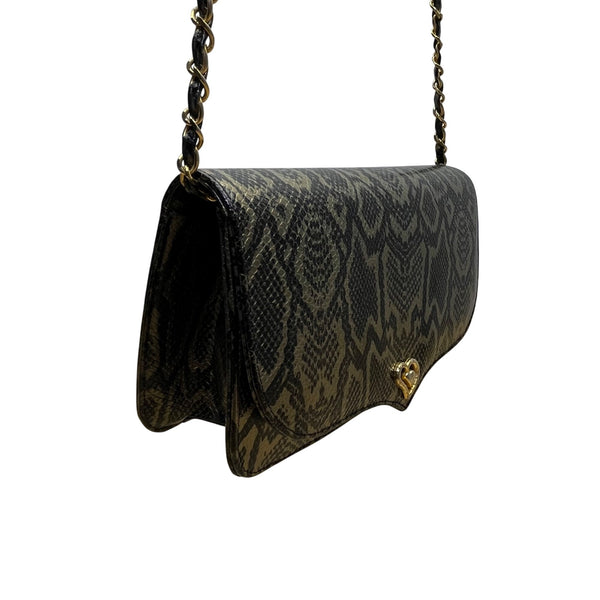 Lionhart Women’s Gold Snake Print Leather With Gold Heart Clasp Crossbody Bag