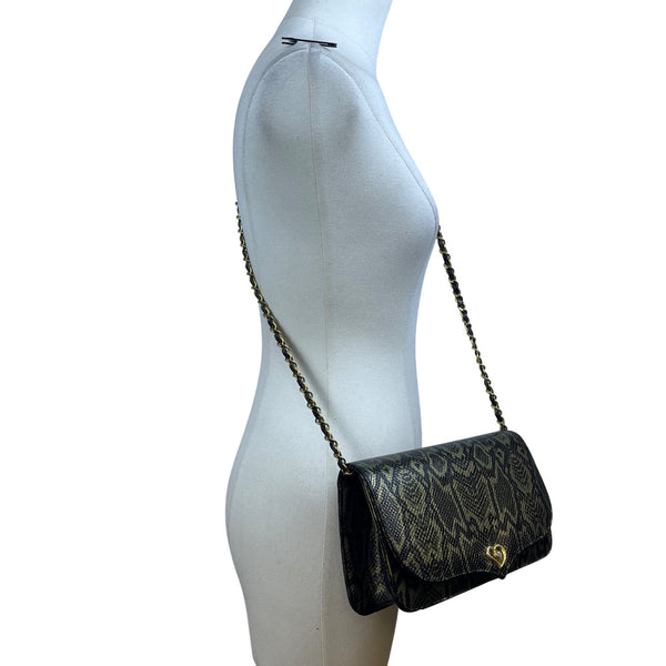 Lionhart Women’s Gold Snake Print Leather With Gold Heart Clasp Crossbody Bag