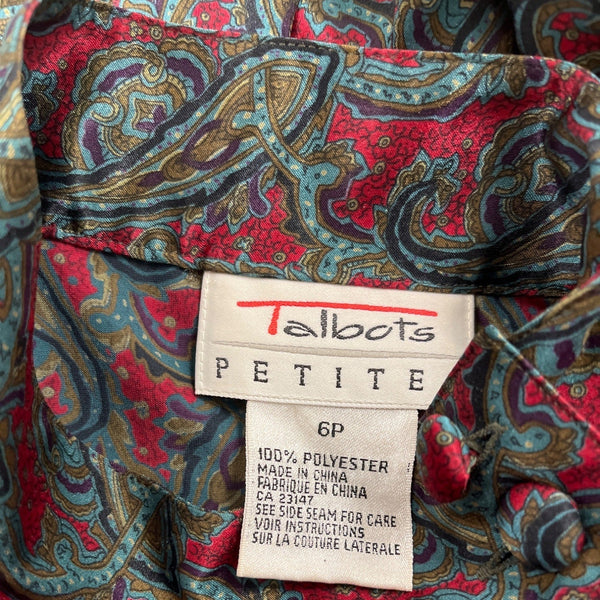 Vintage Talbots Petite Paisley Midi Dress Long Sleeve Pleated Skirt Sz 6P