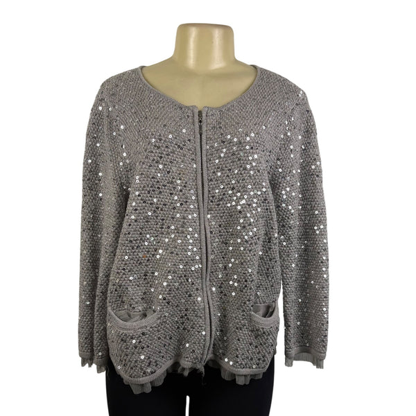 Chicos Womens Gray Rayon & Cotton Sequin Zip-Up Cardigan Sweater Size 2