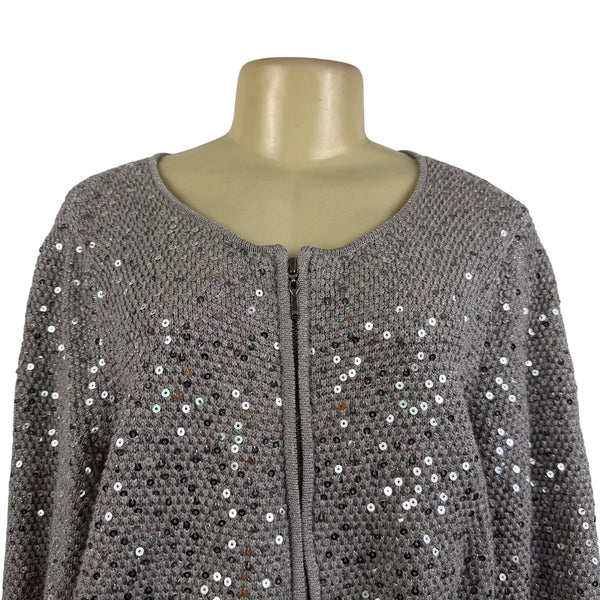 Chicos Womens Gray Rayon & Cotton Sequin Zip-Up Cardigan Sweater Size 2
