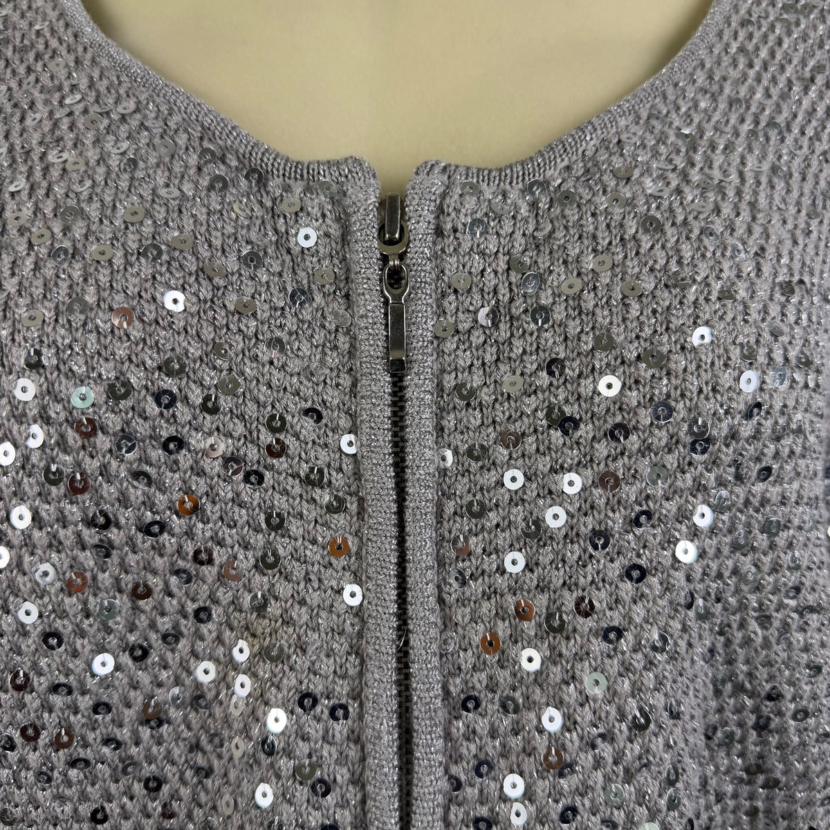 Chicos Womens Gray Rayon & Cotton Sequin Zip-Up Cardigan Sweater Size 2
