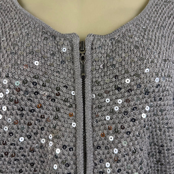 Chicos Womens Gray Rayon & Cotton Sequin Zip-Up Cardigan Sweater Size 2