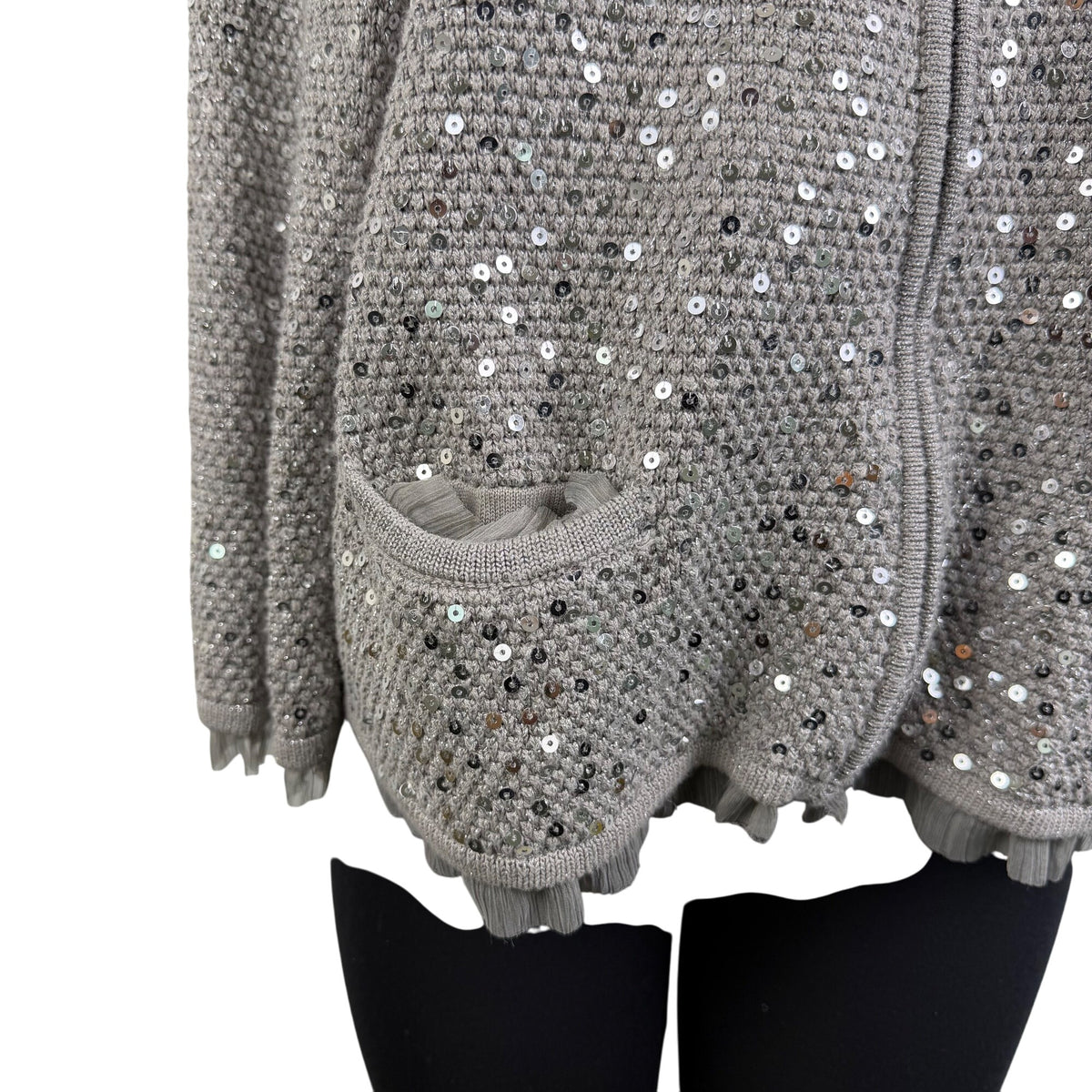 Chicos Womens Gray Rayon & Cotton Sequin Zip-Up Cardigan Sweater Size 2