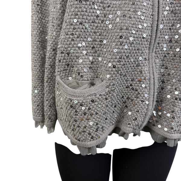 Chicos Womens Gray Rayon & Cotton Sequin Zip-Up Cardigan Sweater Size 2