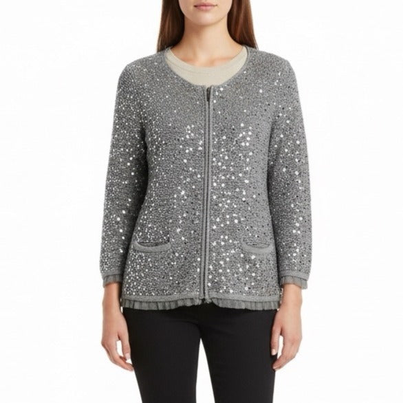 Chicos Womens Gray Rayon & Cotton Sequin Zip-Up Cardigan Sweater Size 2