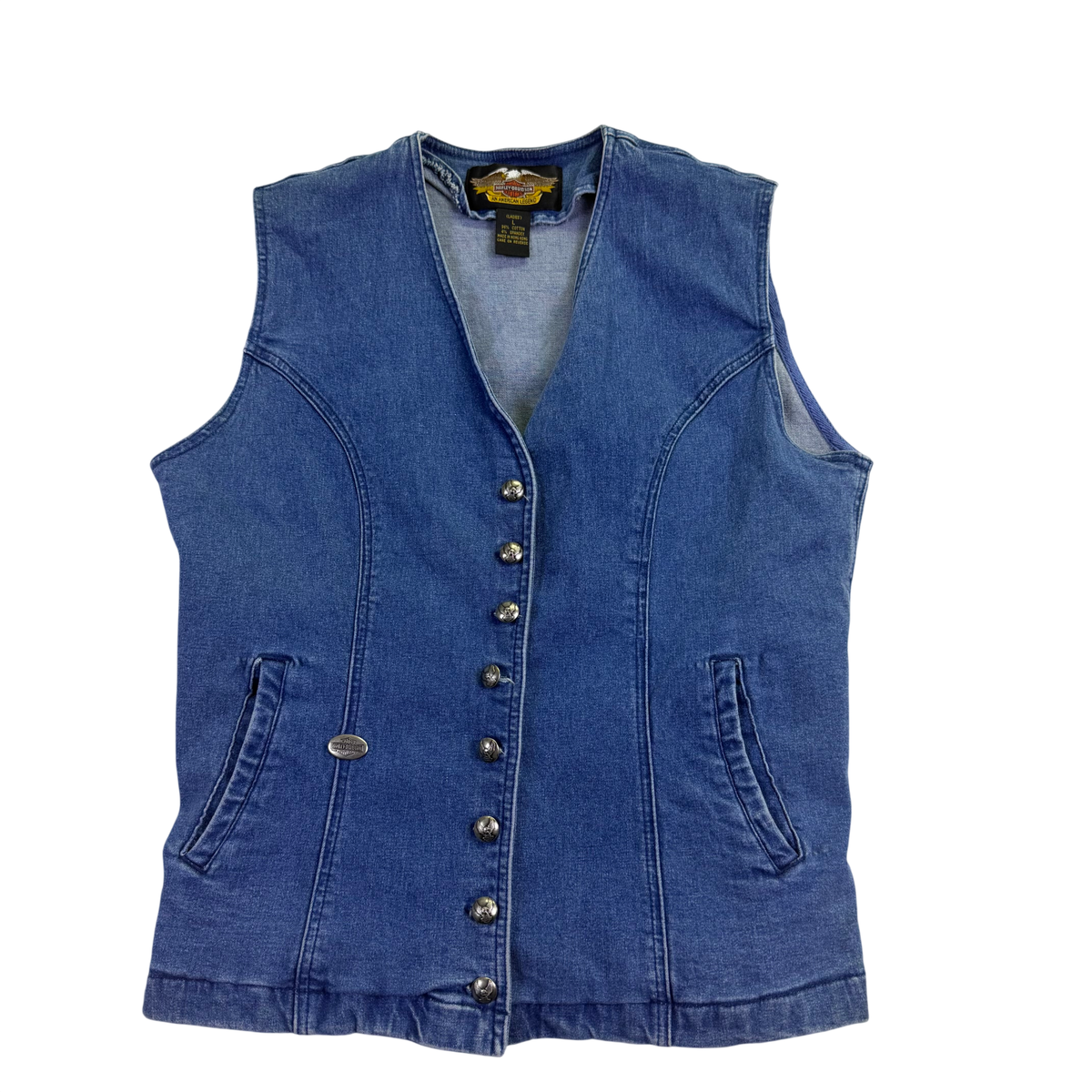 Harley-Davidson Women’s Blue Cotton Denim Vest with V-Neckline and Front Pockets Size L