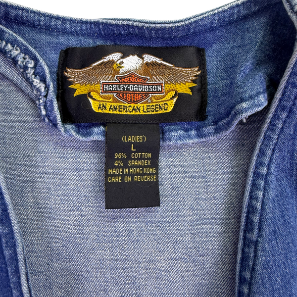 Harley-Davidson Women’s Blue Cotton Denim Vest with V-Neckline and Front Pockets Size L