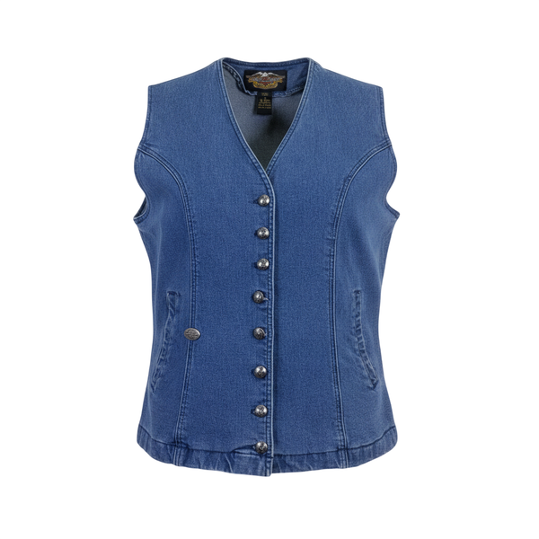 Harley-Davidson Women’s Blue Cotton Denim Vest with V-Neckline and Front Pockets Size L