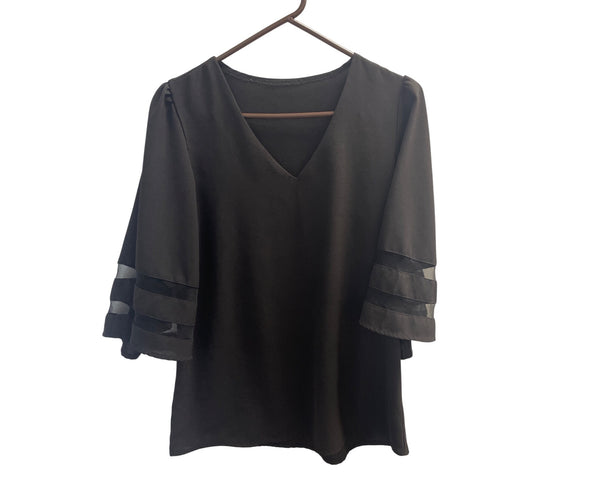 Black V-Neck Top With Bell Sleeves & Sheer Panels Size S