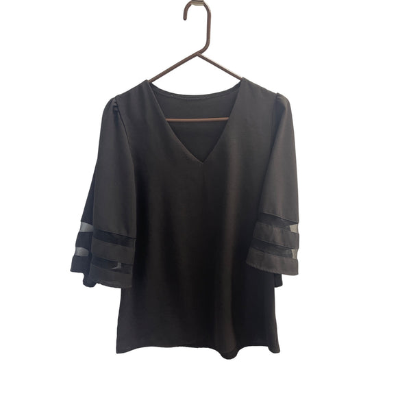 Black V-Neck Top With Bell Sleeves & Sheer Panels Size S