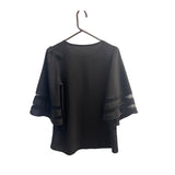 Black V-Neck Top With Bell Sleeves & Sheer Panels Size S