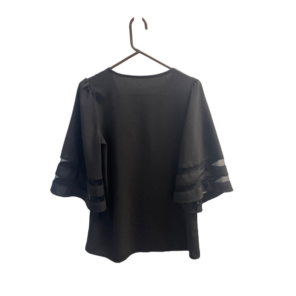 Black V-Neck Top With Bell Sleeves & Sheer Panels Size S