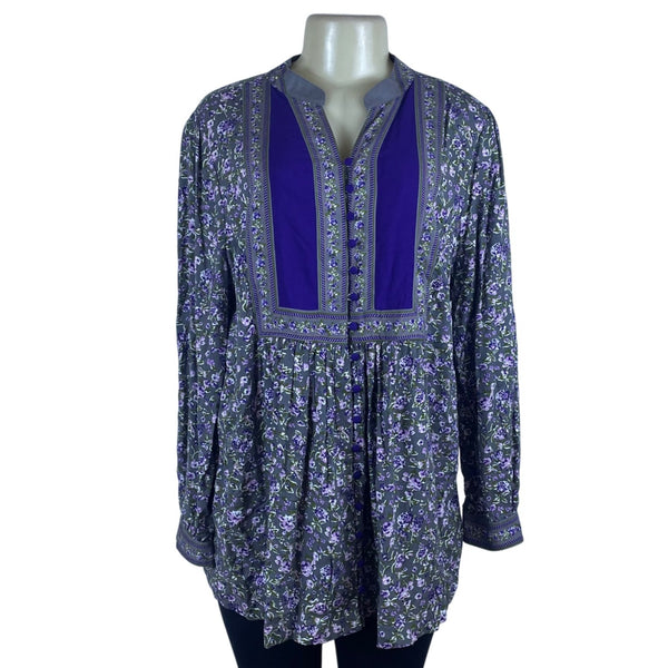 Woman Within Womens Purple Floral Tunic Button Front Long Sleeve Rayon Size M
