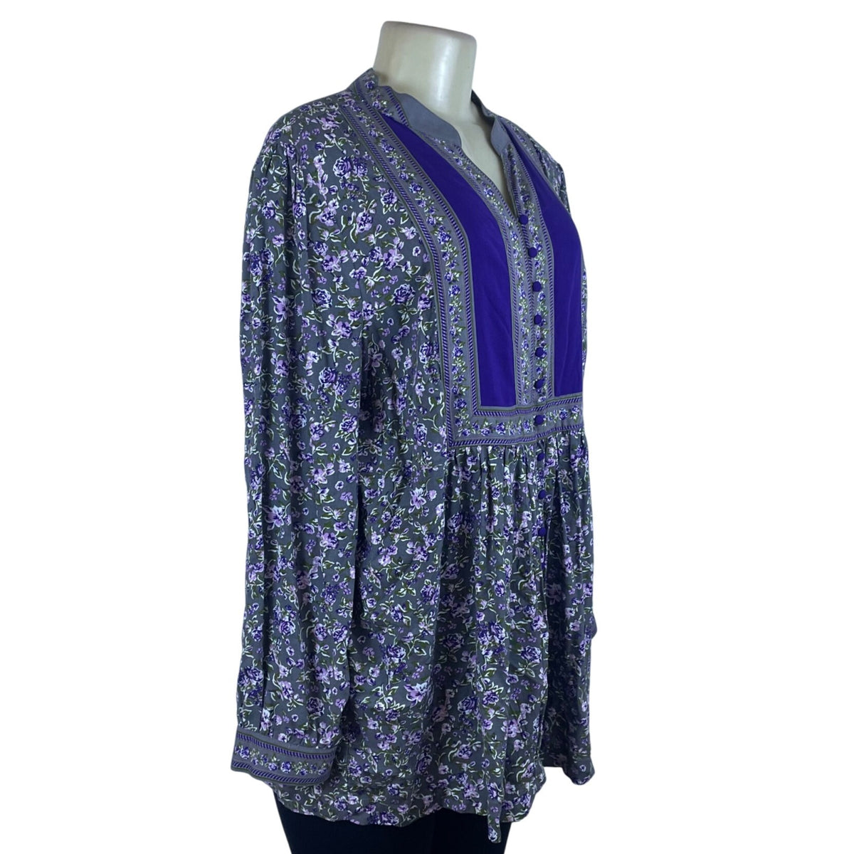 Woman Within Womens Purple Floral Tunic Button Front Long Sleeve Rayon Size M