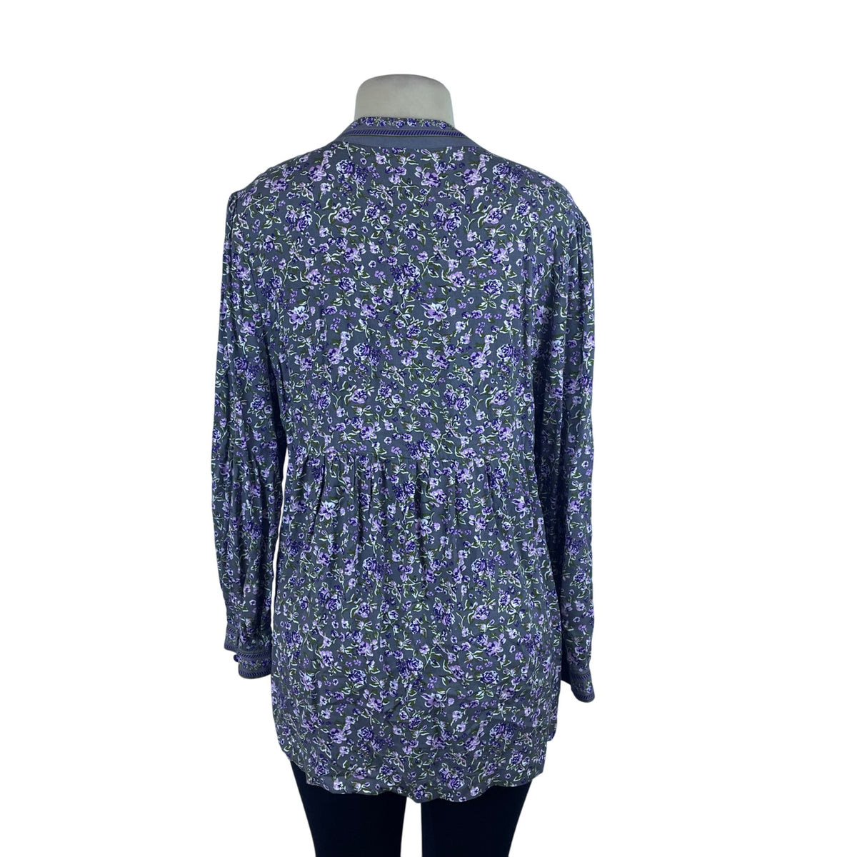 Woman Within Womens Purple Floral Tunic Button Front Long Sleeve Rayon Size M