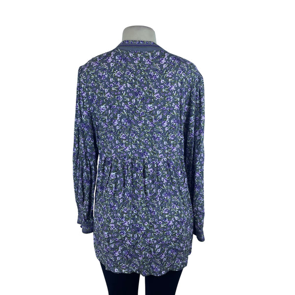 Woman Within Womens Purple Floral Tunic Button Front Long Sleeve Rayon Size M