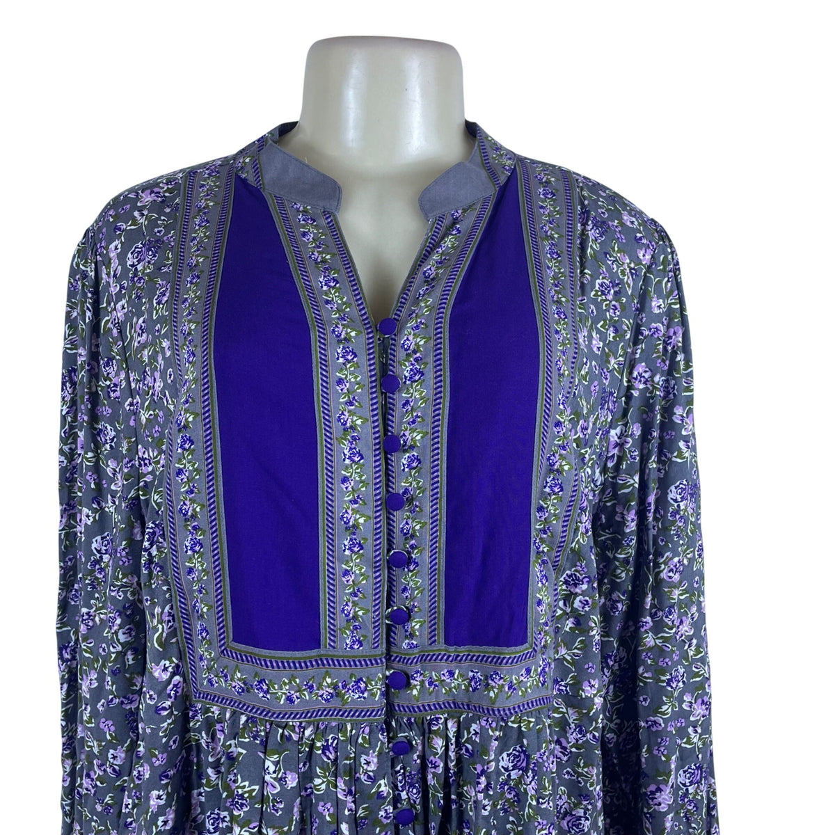 Woman Within Womens Purple Floral Tunic Button Front Long Sleeve Rayon Size M