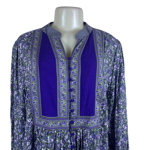 Woman Within Womens Purple Floral Tunic Button Front Long Sleeve Rayon Size M