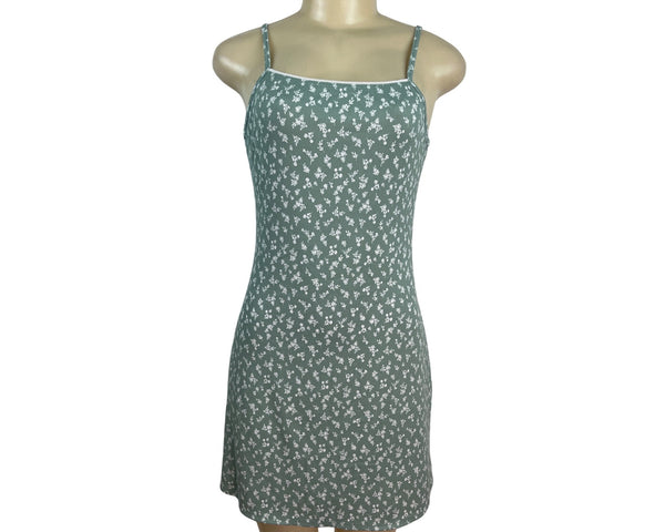 See You Monday Green Floral Print Spaghetti Strap Mini Dress Womens Size L