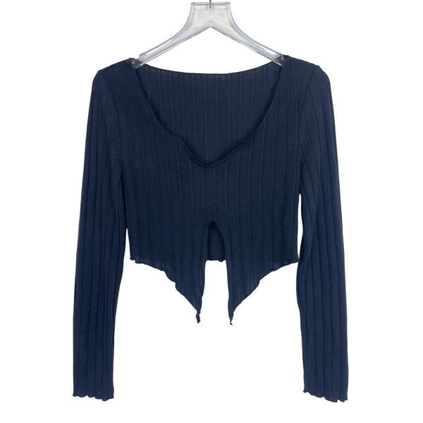 Shein Womens Black Ribbed Long Sleeve V-Neck Cropped Hem Shirt Top Size Large