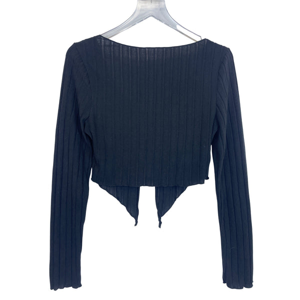 Shein Womens Black Ribbed Long Sleeve V-Neck Cropped Hem Shirt Top Size Large