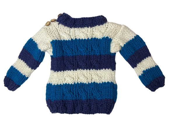 Handmade By Van Striped Knit Baby Sweater Wooden Buttons Blue White 3-6 Months