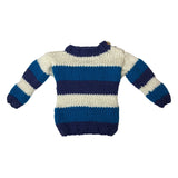 Handmade By Van Striped Knit Baby Sweater Wooden Buttons Blue White 3-6 Months
