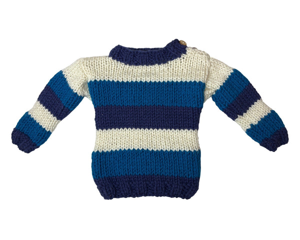 Handmade By Van Striped Knit Baby Sweater Wooden Buttons Blue White 3-6 Months