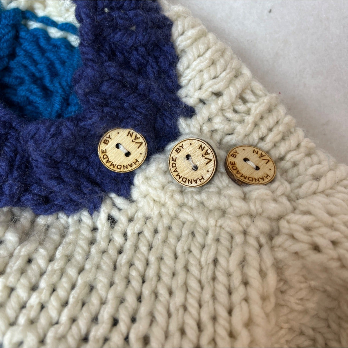Handmade By Van Striped Knit Baby Sweater Wooden Buttons Blue White 3-6 Months