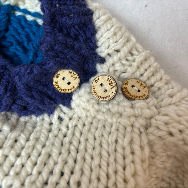 Handmade By Van Striped Knit Baby Sweater Wooden Buttons Blue White 3-6 Months