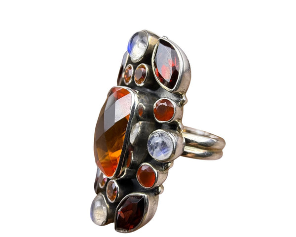 Red Garnet Amber Moonstone Silver Statement Ring India Handmade Boho Style Sz 6